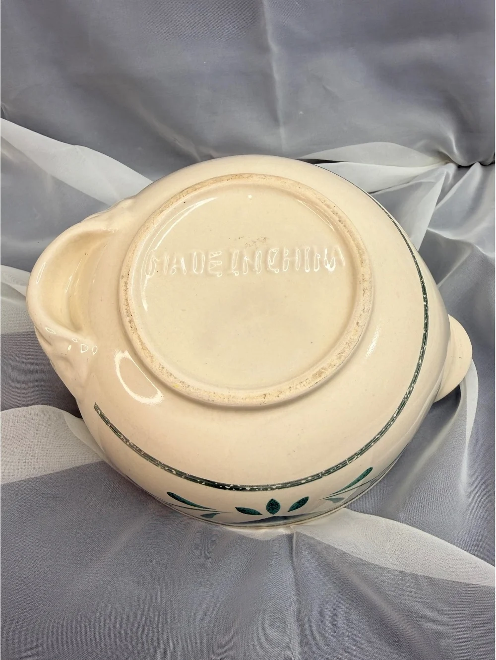 East Texas Pottery Green Heart Spongeware Batter Bowl 7” Pouring Mixing Bowl